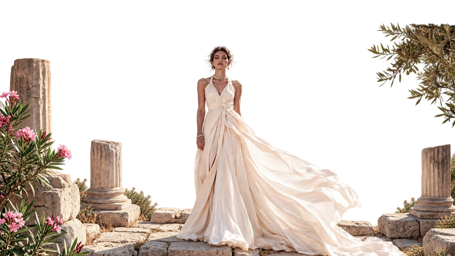 A woman in a long ivory gown stands among ancient columns above an olive valley with temples