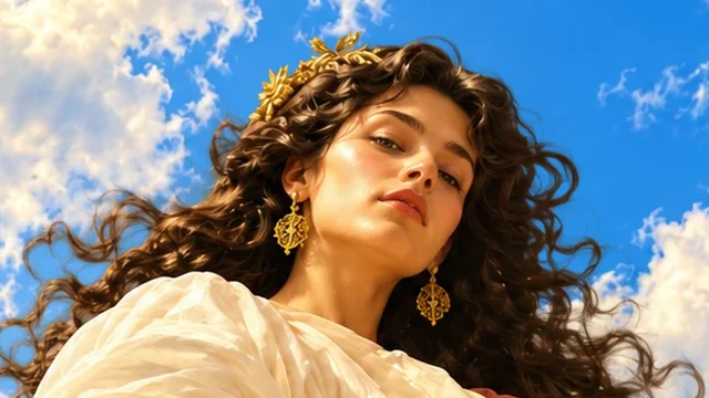 A muse with a golden laurel against the sky