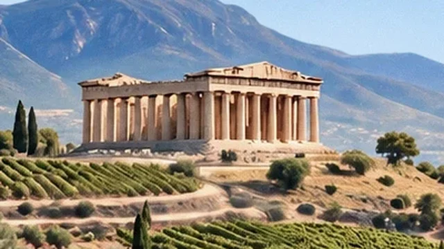 A Doric temple above vineyards and olive groves